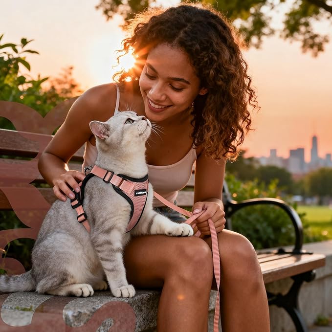 rabbitgoo Cat Harness and Leash for Walking, Escape Proof Soft Adjustable Vest Harnesses for Cats, Easy Control Breathable Reflective Strips Jacket, Light Salmon Pink, M