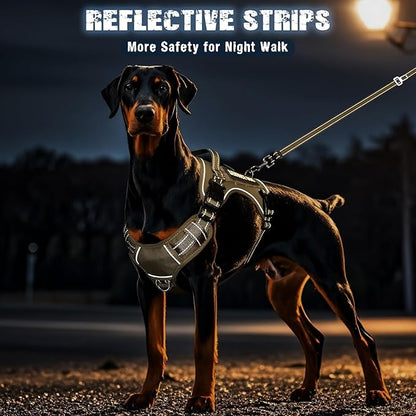 MOOGROU Tactical Dog Harness and Leash Set for Large Dogs,Heavy Duty No Pull Service Dog Vest and 10 Patches with Dog Seat Belt,Reflective Adjustable Pet Harness for Training Walking Hiking Brown XL