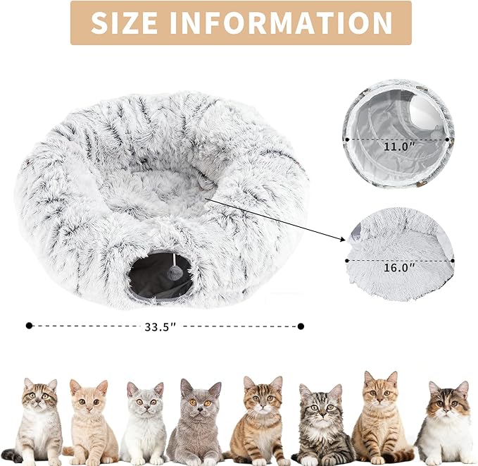 Large Donut Cat Tunnel Bed - Soft Plush Cat Cave & Peekaboo Hiding Spot, 3-in-1 Indoor Cat Playground Toy for Kittens/Adult Cats, Festive Christmas Pet Gift