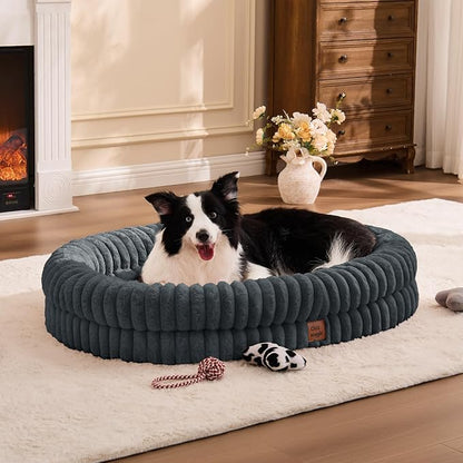 XL Dog Bed - Luxury Striped Faux Fur Waterproof Pet Couch with Removable Washable Cover, Orthopedic Dog Bed with Bolster Sides for Sleeping, Dark Grey