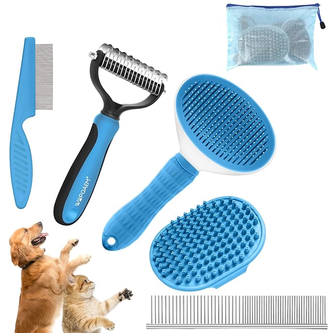 WOPQAEM Dog Brush Grooming Kit 5 PCS - Self Cleaning Slicker Brush for Shedding Short Long Haired Dogs & Cats, Includes Pet Comb, Flea Comb, Bath Brush, Undercoat Rake - Complete Fur Care Set - Blue