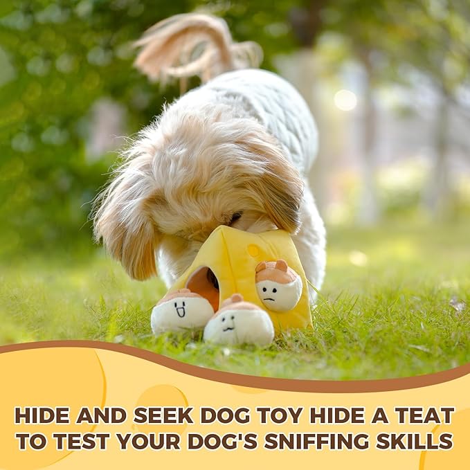 Hide and Seek Plush Stuffed Dog Toys, Squeaky Chew Toys with Crinkle Papper, Funny Toy Bundle Pack Perfect for Small, Medium and Large Dogs Reduce Boredom, Teeth Cleaning (Medium, Cheese)