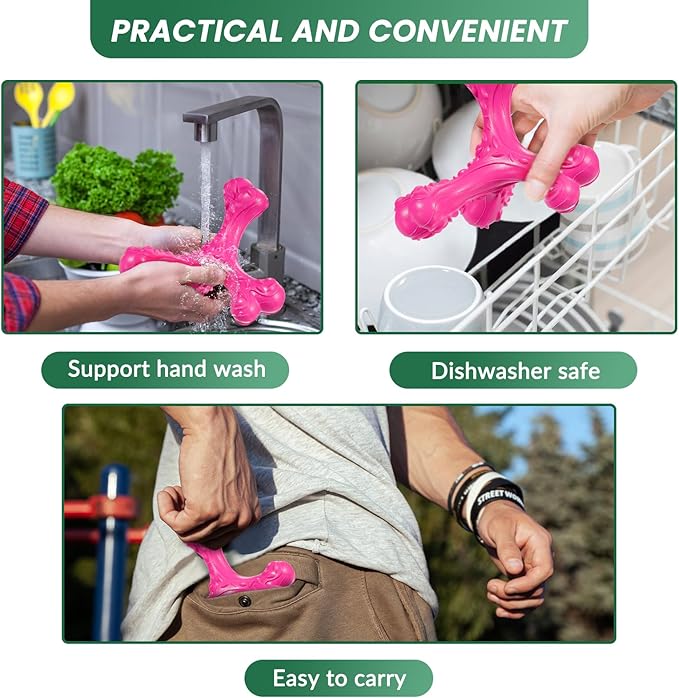 CVALIN Dog Chew Toys for Aggressive Chewers Large Breed,Indestructible Bones Toy，Durable Cleaning Toothbrush Natural Rubber Dog Toys… (Pink)
