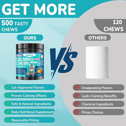 Woyamay Cat Calming Treats, 500 Crunchy & Creamy Calming Chews for Cats, Natural Calming Cat Treats to Manage Stress & Anxiety, Tasty Calm Chews Supplement, Chicken Flavor