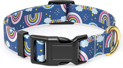Rnivvi Dog Collar for Medium Dogs, Cute Heavy Duty Adjustable Puppy Collar with Quick Release Buckle for Girl & Female, Pet Accessories for Walking Running, M Length 1" Width, Blue Rainbow