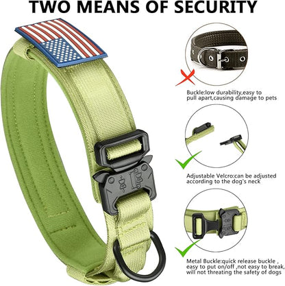 DAGANXI Tactical Dog Collar, Adjustable Military Training Nylon Dog Collar with Control Handle and Heavy Metal Buckle for Medium and Large Dogs, with Patches and Airtags Case (L, Spring Grass)