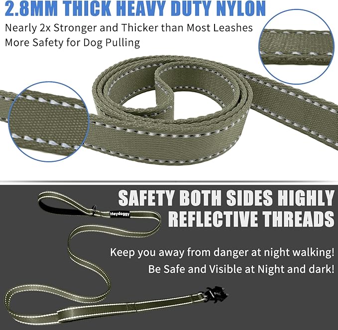 Strong Heavy Duty Dog Leash - 5ft Reflective Nylon Training Leash with Soft Padded Double Handle & Auto Lock Frog Clip - Safety Traffic Control for Large Medium Small Dogs No Pull Walk Army Green,6ft
