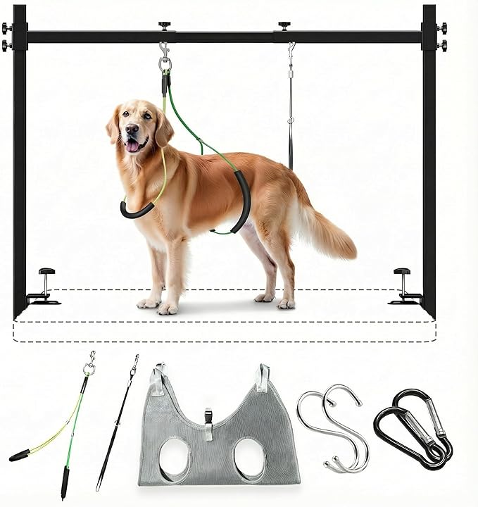 Dog Grooming Arm for Table, L Size, Adjustable 42" Height & 35"–44" Width, H-Shape Stable Grooming Stand, Clamp Fits up to 2.76", with Hammock & 2 Nooses for Home Grooming & Nail Trimming