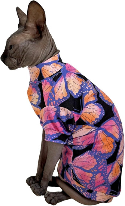 Limited Edition Sphynx Cat T-Shirts Elastic Hairless Cat Sweatshirt Pet Kitten Clothes Round Collar Kitten Shirts Vest Cats & Small Dogs Apparel (Butterfly, XL (10-12 lbs))