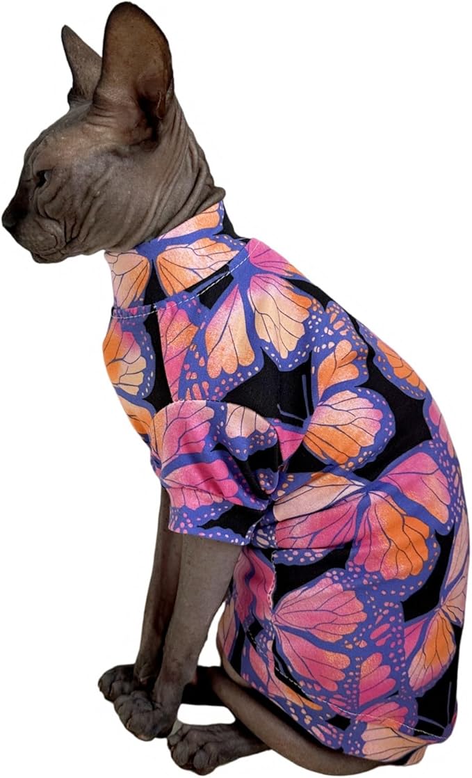 Limited Edition Sphynx Cat T-Shirts Elastic Hairless Cat Sweatshirt Pet Kitten Clothes Round Collar Kitten Shirts Vest Cats & Small Dogs Apparel (Butterfly, L (7.7-9.9 lbs))