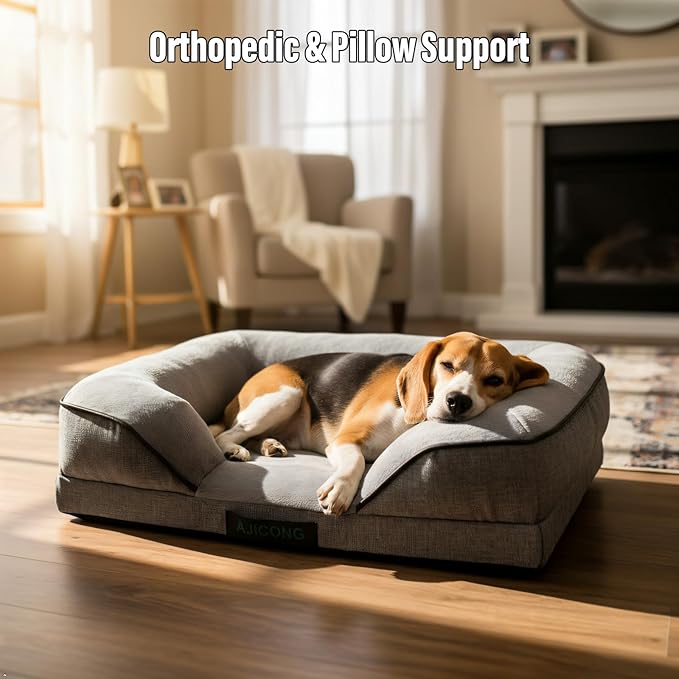 Orthopedic Egg-Shaped Sponge Dog Bed Small Size Dog with Sides, Removable Cover and Non-Slip Bottom (Grey, 24 * 18 * 6)