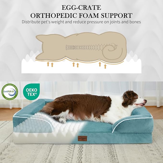 Comfort Expression Orthopedic Dog Bed for Extra Large Dogs 53x42 Inch, Waterproof Egg Crate Foam XXL Pet Bed with Removable Bolsters, Dog Couch with Washable Cover & Non-Slip Bottom, Washed Blue