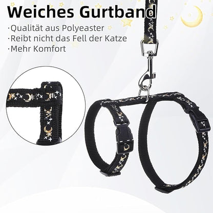 PUPTECK Adjustable Cat Harness and Leash Set Escape Proof Kitten Strap Collar for Walking Travel, Moon&Star