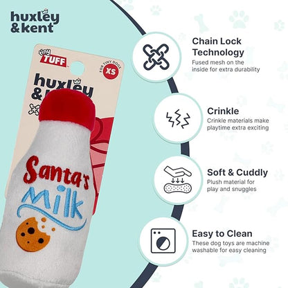 Huxley & Kent Funny Dog Toy w/Squeaker – Holiday Power Plush Squeaky Dog Toys for Small Dogs – Durable Small Stuffed Animal for Indoor Play & Fetch - Tiny Tuff Santa's Milk