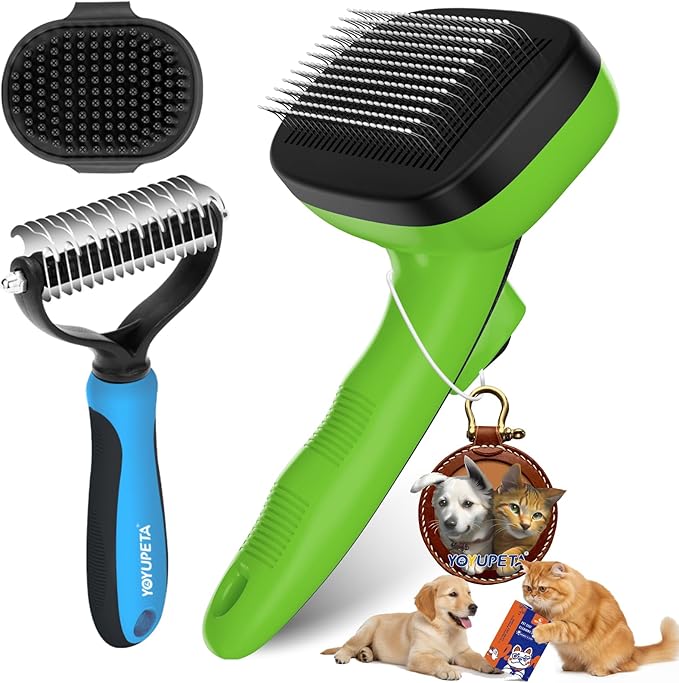 Dog Brush Kit - Self-Cleaning Slicker Brush with Bath Brush & Undercoat Rake | Deshedding Tools for Large - Small Dogs & Cats, Professional 3-in-1 Pet Grooming Set for Heavy Shedding, Green