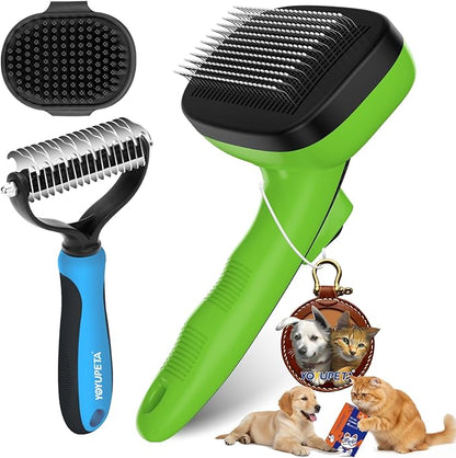 Dog Brush Kit - Self-Cleaning Slicker Brush with Bath Brush & Undercoat Rake | Deshedding Tools for Large - Small Dogs & Cats, Professional 3-in-1 Pet Grooming Set for Heavy Shedding, Green