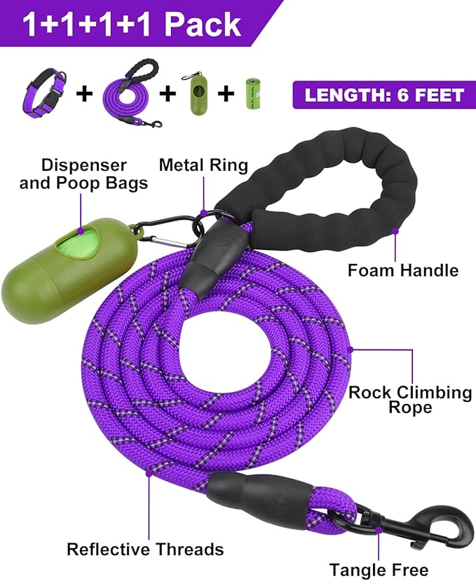 Dynmeow Reflective Dog Collar and Leash Set, 6FT Strong Climbing Rope Leash with Padded Handle, Adjustable Pet Collar with Soft Neoprene Padding for Large Dogs, Purple, L