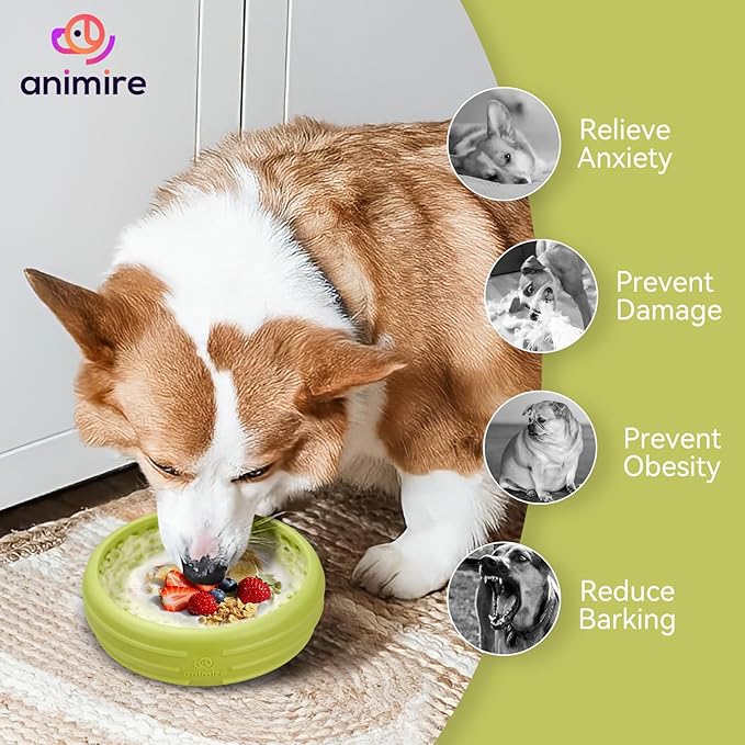Dog Lick Bowl, Animire Freeze Lick Mat for Dogs, Non-Slip Slow Feeder Licking Bowl Enrichment Treat for Distraction Anxiety Relief, Food Grade Silicone, Dishwasher Safe(Green,L)