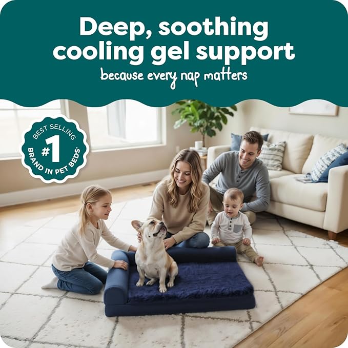 FurHaven Cooling Gel Dog Bed for Medium Dogs, L-Shaped Chaise with Cool Gel-Top Foam with a Solid Orthopedic Foam Base for Joint Support, Washable Cover, Medium, Plush & Velvet, Deep Sapphire