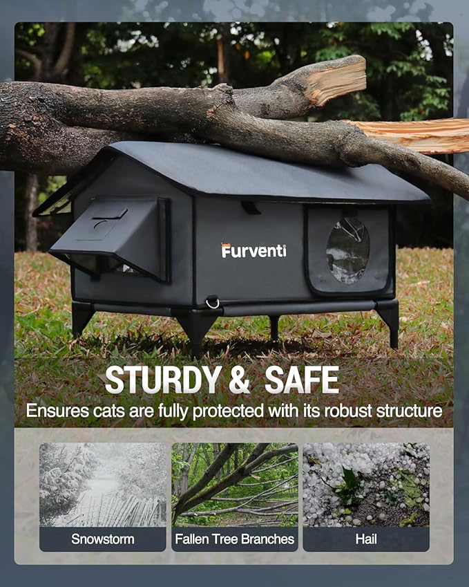 Heated Cat House for Outside,Extremely Weatherproof&Insulated in Winter,Elevated Outdoor Cat Shelter with Waterproof Eaves&Escape Door for Feral Stray Barn Cats(Dark Grey,L)
