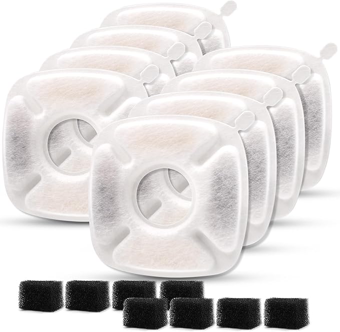 Cylomert 16Pcs Pet Fountain Filters Replacement, Compatible with 95Oz/2.8L Dog & Cat Water Fountain, 8 Carbon + 8 Sponge Filters