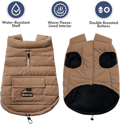 Spark Paws Dog Winter Jacket, Water-Resistant Coat, Warm Reflective Windproof Fleece-Interior, for Medium and Large Dogs - Tan - M
