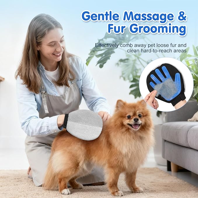 Pawaboo Pet Hair Removal Glove, Dual-Side Electrostatic Hair Removal & Silicone Fur Brush for Dogs and Cats, Reusable Five-Finger Pet Fur Grooming Glove for Couch Carpet Clothes Laundry, Blue & Grey