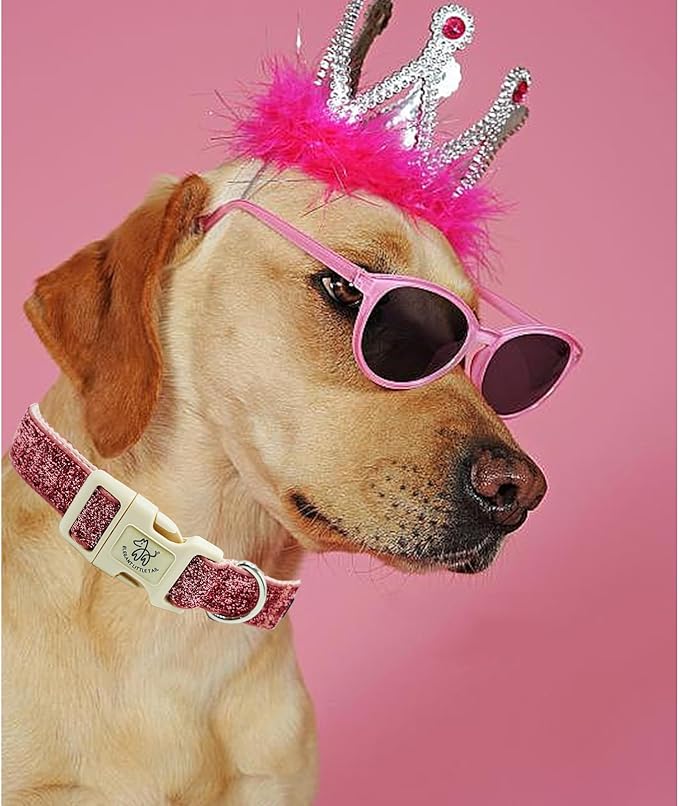 Elegant little tail Glittering Dog Collar, Cute Girl Pet Collar Pink Bling Pet Collars Durable Cotton Webbing Eco-Friendly Plastic Buckle Adjustable Dog Collars for Small Dog