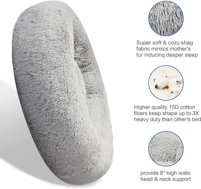 SAVFOX Plush Calming Donut Dog Beds for Small Dogs, Medium, Large & X-Large Breeds, Comfy Cuddler Dog Bed and Cat Bed in Faux Fur, Washable, Multiple Sizes S-XXL