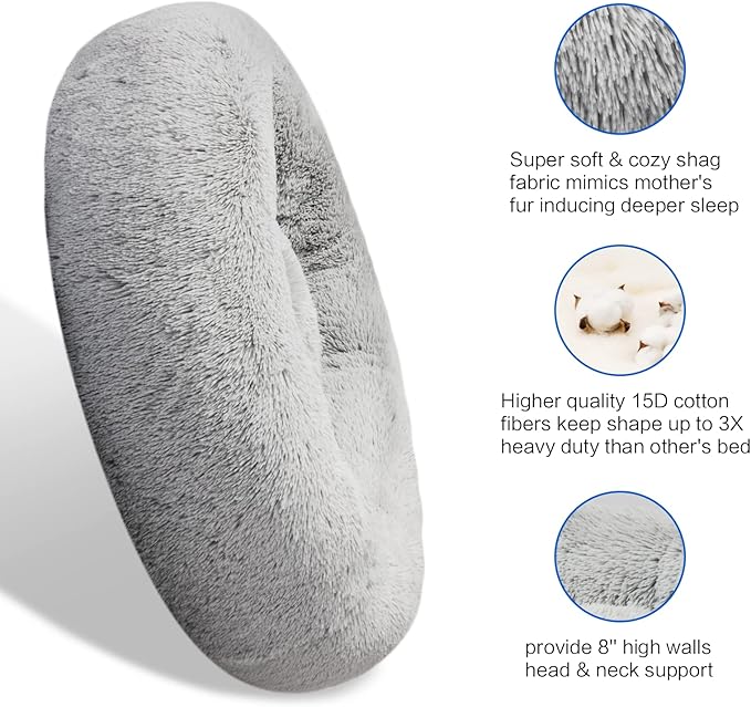 SAVFOX Calming Dog Bed, Anti Anxiety Dog Bed, Plush Donut Dog Bed for Small Dogs, Medium, Large & X-Large, Soft Fuzzy Comfy Dog Bed in Faux Fur, Cuddler Pet Bed, Washable, Multiple Sizes S-XL