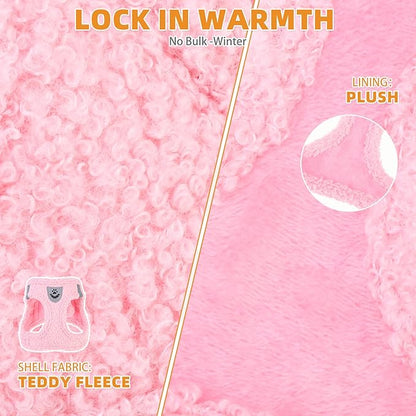 KOOLTAIL Plush Small Dog Harness and Leash Set, Warm Fleece No Pull Puppy Vest for Winter, Lightweight Reflective Step in Pet Harness for Medium Sized Dogs Boy Girl Outdoor Walking Cute Soft, Pink M