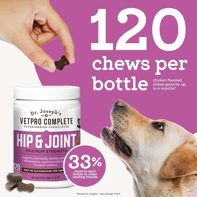 Dr. Joseph's VetPro Complete Dog Hip & Joint Supplement for Arthritis Pain Relief – High-Strength Glucosamine & Chondroitin Chews for Senior Dogs – Vet Formulated Daily Treats, Chicken Flavor, 120 Ct