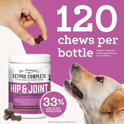 Dr. Joseph's VetPro Complete Dog Hip & Joint Supplement for Arthritis Pain Relief – High-Strength Glucosamine & Chondroitin Chews for Senior Dogs – Vet Formulated Daily Treats, Chicken Flavor, 120 Ct