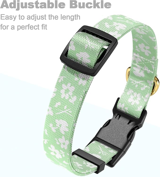 Rnivvi Dog Collar for Small Dogs, Cute Floral Heavy Duty Adjustable Puppy Collar with Quick Release Buckle for Girl & Female, Pet Accessories for Walking Running, S Length 3/4" Width, Green
