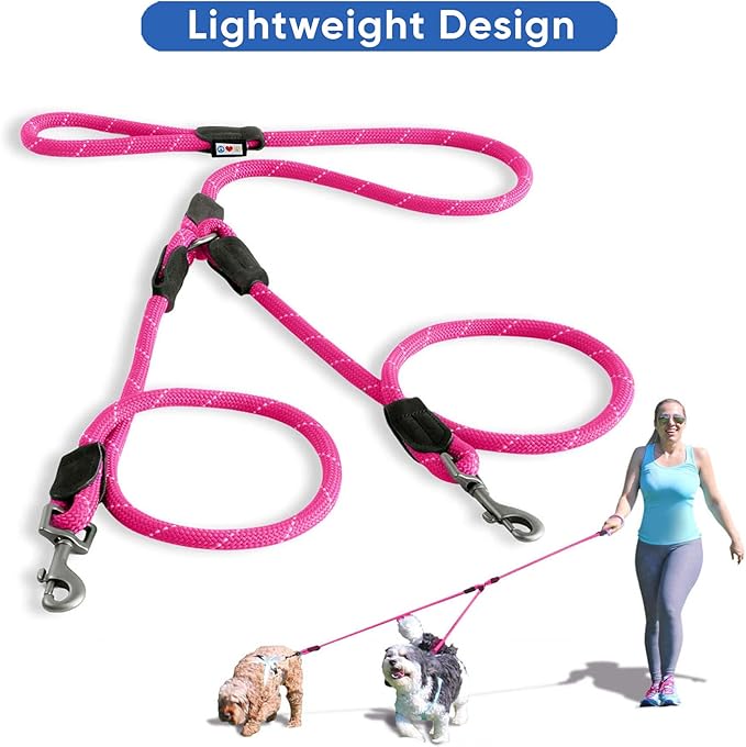 Pawtitas Double Leash for Two Dogs Great for Walking & Training Comfortable Shock Absorbing Reflective Pet Rope Leash for 2 Dogs 6ft - Medium/Large - Pink