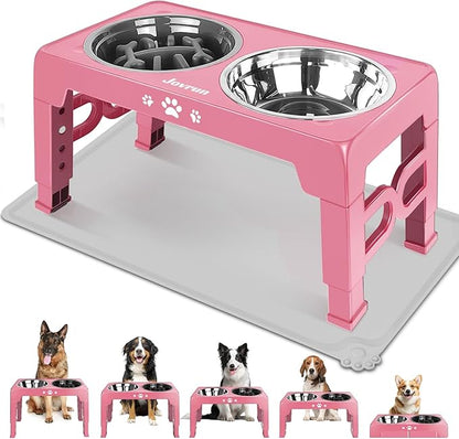 Elevated Dog Bowls, Dog Feeder with 1*Stainless Steel Dishes & 1*Slow Feeder Bowl, 5 Heights Adjustable Raised Stand for Medium Large, Food Dishes with Non-Slip Feet