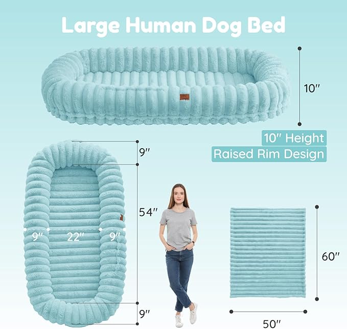 ChiXnuggle Human Dog Bed for Adult - Luxury Striped Faux Fur Giant Dog Bed with Portable Handle, Egg Orthopedic Foam Pad with Thick Blanket, 72"x40"x10", Blue