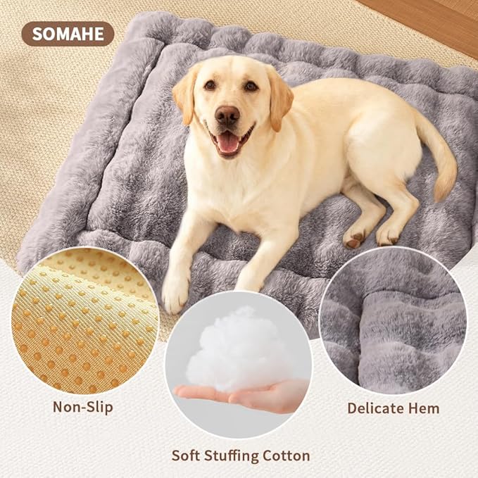 SOMAHE Self-Warming Dog Bed, Plush Faux Fur Mat with Anti-Slip Bottom, Ultra Soft Heated Pet Bed for Medium Large Dogs, Cozy Fluffy Pad for Carriers Couch Crate, Machine Washable, 35 x 27 Inch Gray