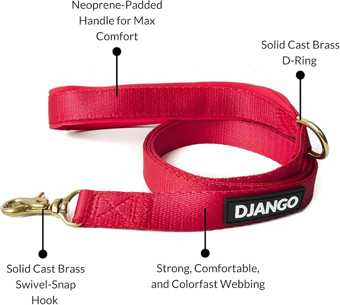 DJANGO Adventure Dog Leash – Strong, Comfortable, and Stylish Dog Leash with Solid Brass Hardware and Padded Handle - Designed for Outdoor Adventures and Everyday Use (Crimson Red)