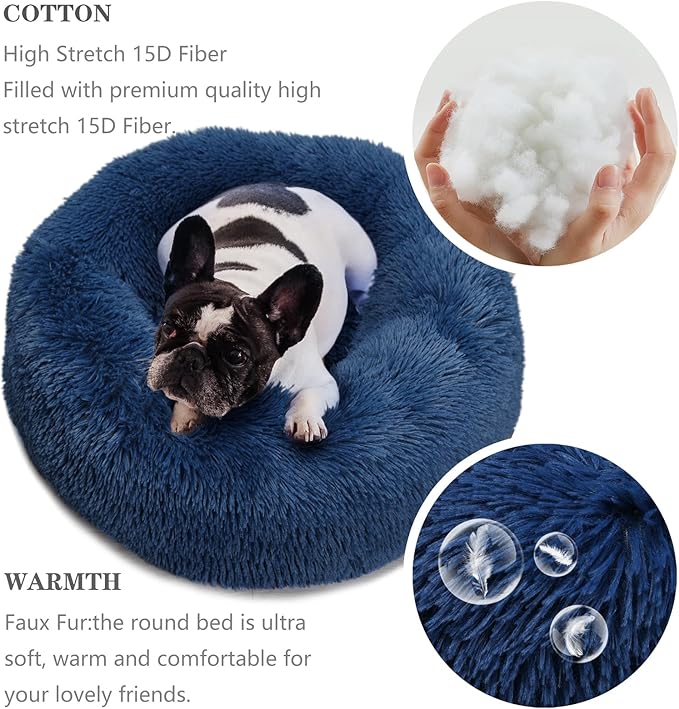 Calming Donut Dogs Beds for Small Dogs Washable,23inch Plush Round Pet Bed for Cozy Sleep,Fluffy Faux Fur Large Cat Bed,Fits up to 25 lbs Pets,Navy Blue