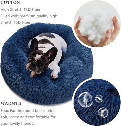 Calming Donut Dogs Beds for Small Dogs Washable,23inch Plush Round Pet Bed for Cozy Sleep,Fluffy Faux Fur Large Cat Bed,Fits up to 25 lbs Pets,Navy Blue