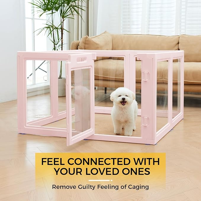 EVERFRONT Clear Acrylic Plastic Dog Playpen - Clear Dog Play Pen - Easy Assemble Acrylic Dog Playpen - Puppy Playpen, Cat Playpen, Small Animal Playpen, Dog Play Pen Indoors (Pink-23.6" H, 8PCS)