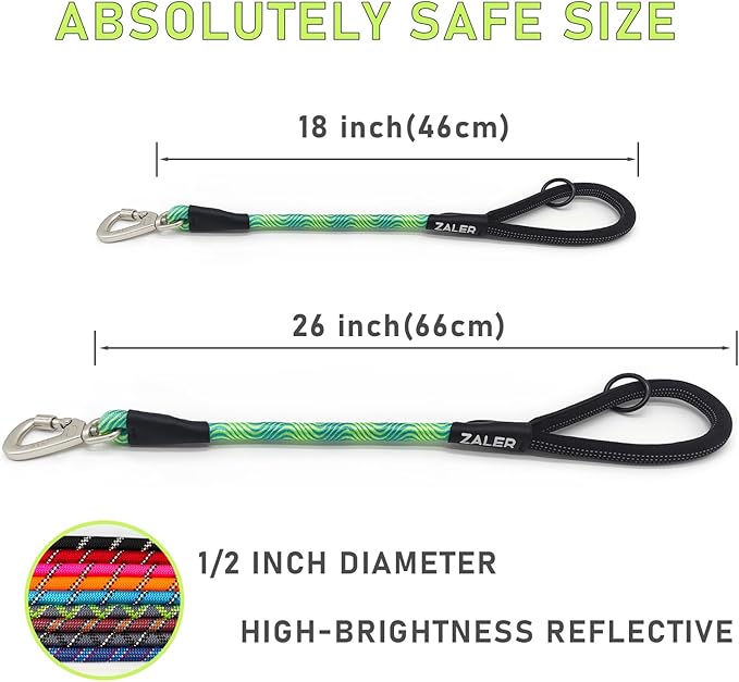 ZALER Short Dog Leash, 26 Inches Rope Traffic Leashes for Dogs, Reflective Dog Lead with O-Ring, Heavy Duty Pet Leash for Large and Medium Dogs (26'' Blue Green)