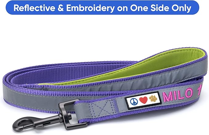 Pawtitas Personalized Purple Dog Leash 6 ft Custom ID Lead for Dogs & Puppies Reflective Comfortable Padded Handle Embroidered Name & Phone Number