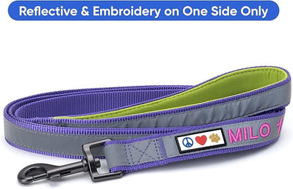Pawtitas Personalized Purple Dog Leash 6 ft Custom ID Lead for Dogs & Puppies Reflective Comfortable Padded Handle Embroidered Name & Phone Number