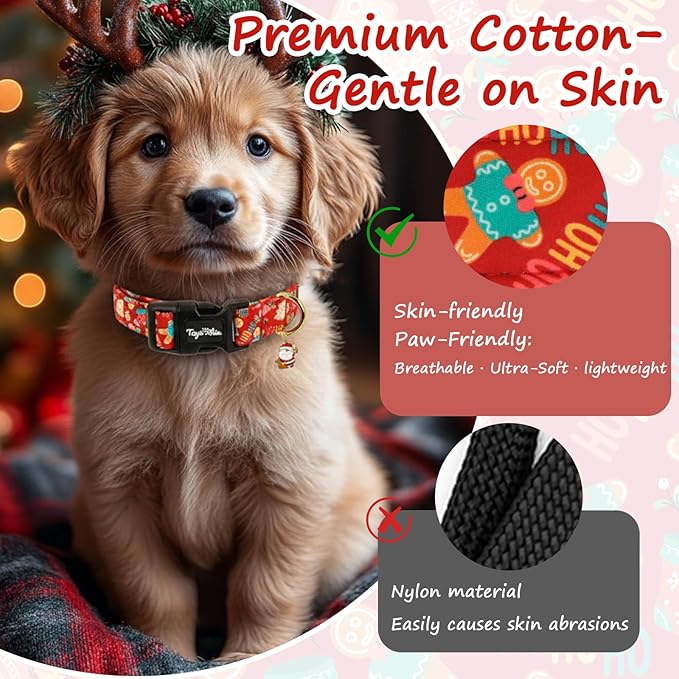Christmas Dog Collar for Small Dogs, Adjustable Red Small Dog Collars with Gingerbread Man Pattern, Cute Dog Christmas Collar for Dogs, Winter Holiday Dog Collar for Girl Boy Dog-S