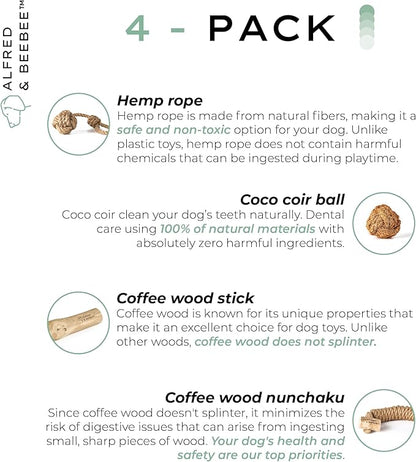 Alfred & Beebee Eco-Friendly Natural Coffee Wood Dog Chew Toy 4 Pack - for Regular Chewers - Dog Dental Chew - Small Medium - Coconut Ball, Rope Stick S - M