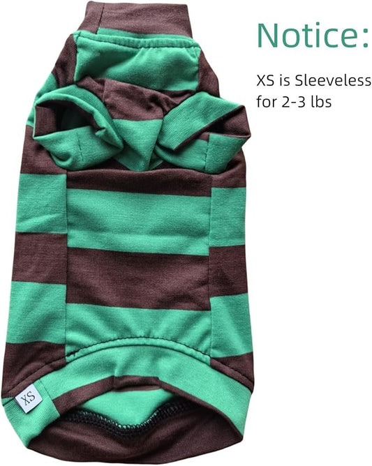 Vintage Stripes Sphynx Hairless Cats Shirt Cotton Cat Turtleneck Pet Clothes Kitten T-Shirts with Sleeves for Sphynx Cats (Wide Green Brown Stripe, X-Small)