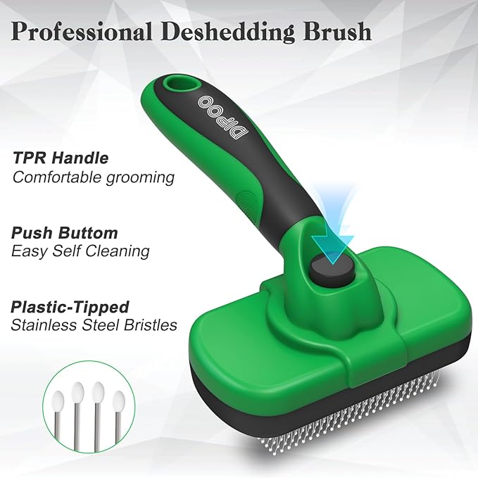 Dipoo Self Cleaning Deshedding Brush for Dogs & Cats - Skin Friendly Grooming Tool with Hair Removal for Haired Pets, Green