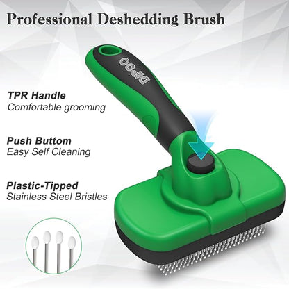Dipoo Self Cleaning Deshedding Brush for Dogs & Cats - Skin Friendly Grooming Tool with Hair Removal for Haired Pets, Green